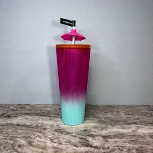 Starbucks 2023 Summer Pink Teal Ombre Pleated Venti 24oz Tumbler Umbrella Straw